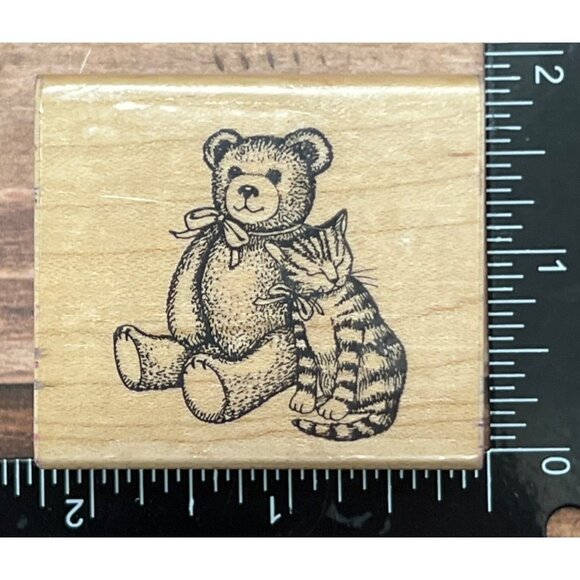 Vintage 1985 Hero Arts Teddy Bear & Cat Rubber Stamp - Picture 1 of 5